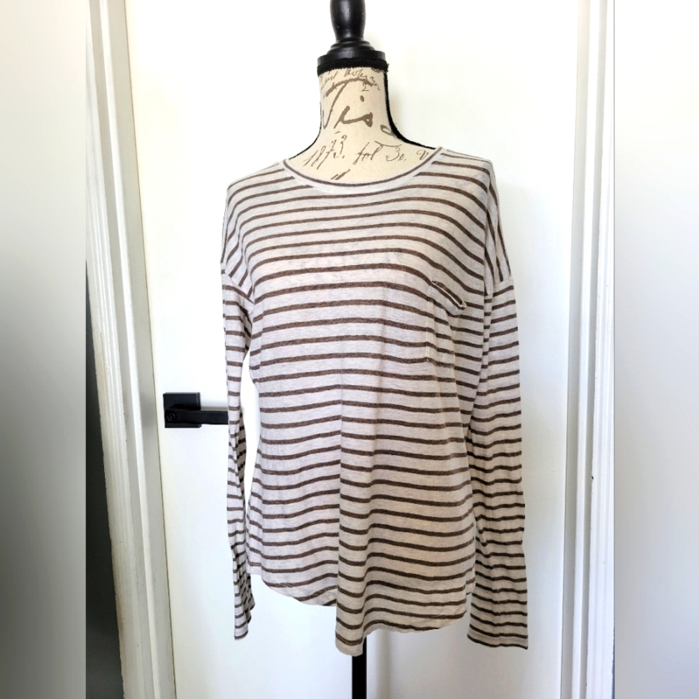 Vince Striped Drop Shoulder Long‎ Sleeve Pocket Tee Size M - Picture 2 of 8